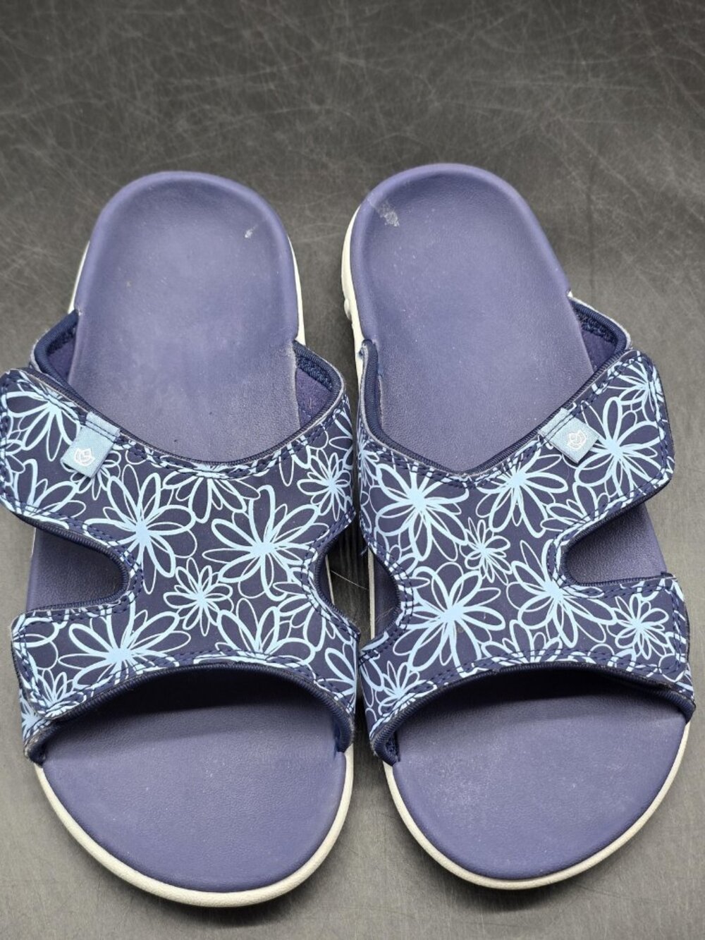 Spenco Sandals Womens Size 6 Blue Floral Slide Cushioned Comfort Stains Shoes